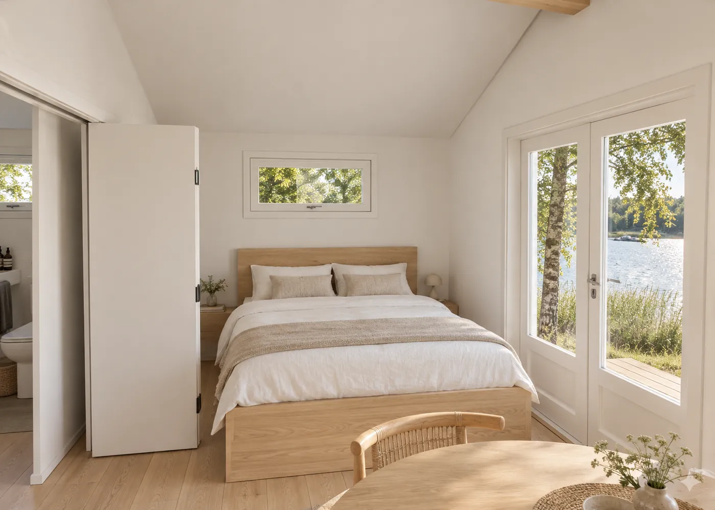 Illustration: south bedroom with French doors toward the lake.
