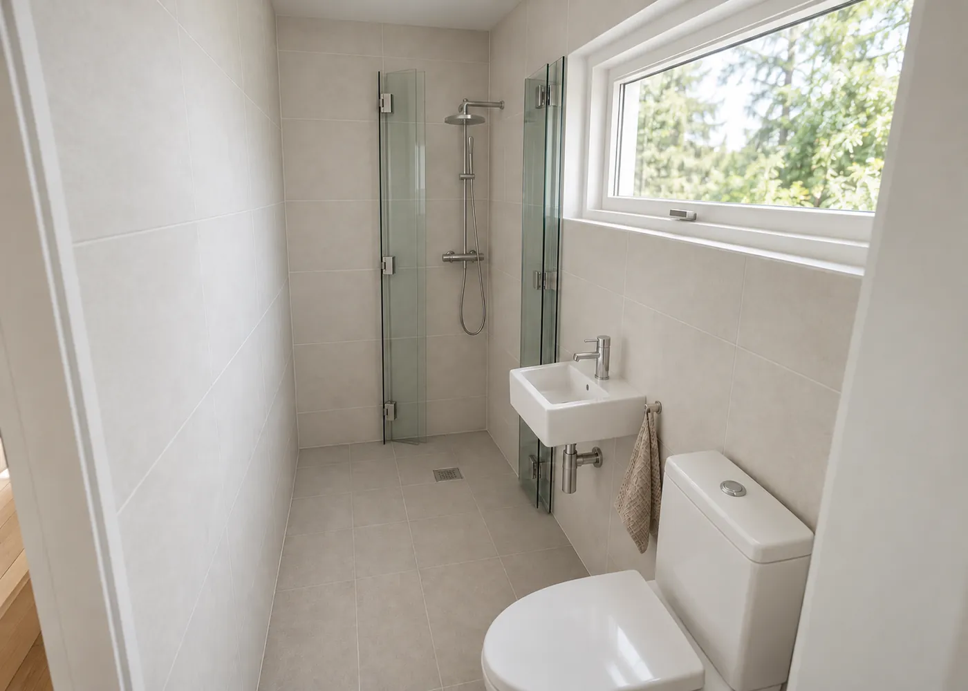 Illustration: compact bathroom with shower, basin and WC.