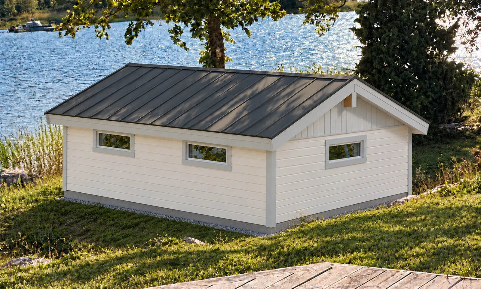 Illustration of the cottage from the northeast with the lake behind.